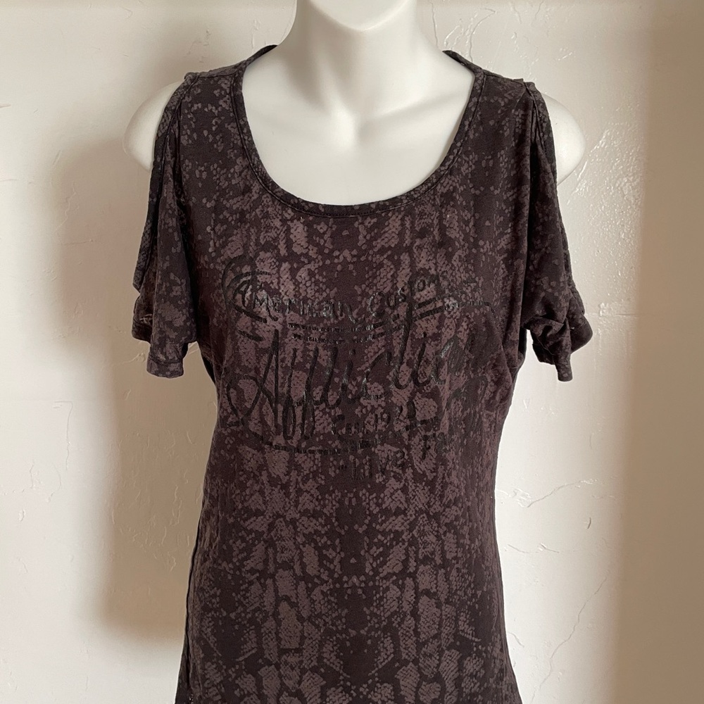 AFFLICTION Vintage Y2K Snakeskin Sublimation LOGO Print Cold Shoulder TOP Small